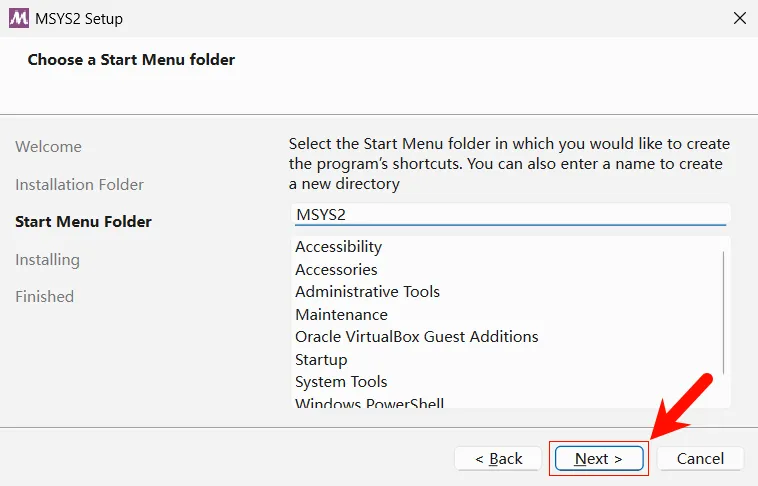 MSYS2 安装步骤:选择开始菜单文件夹